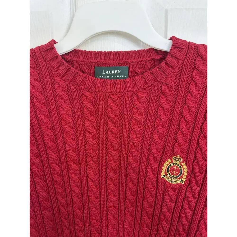 Y2K Lauren Ralph Lauren Red Cable Knit Crewneck Sweater Crest Small Australia